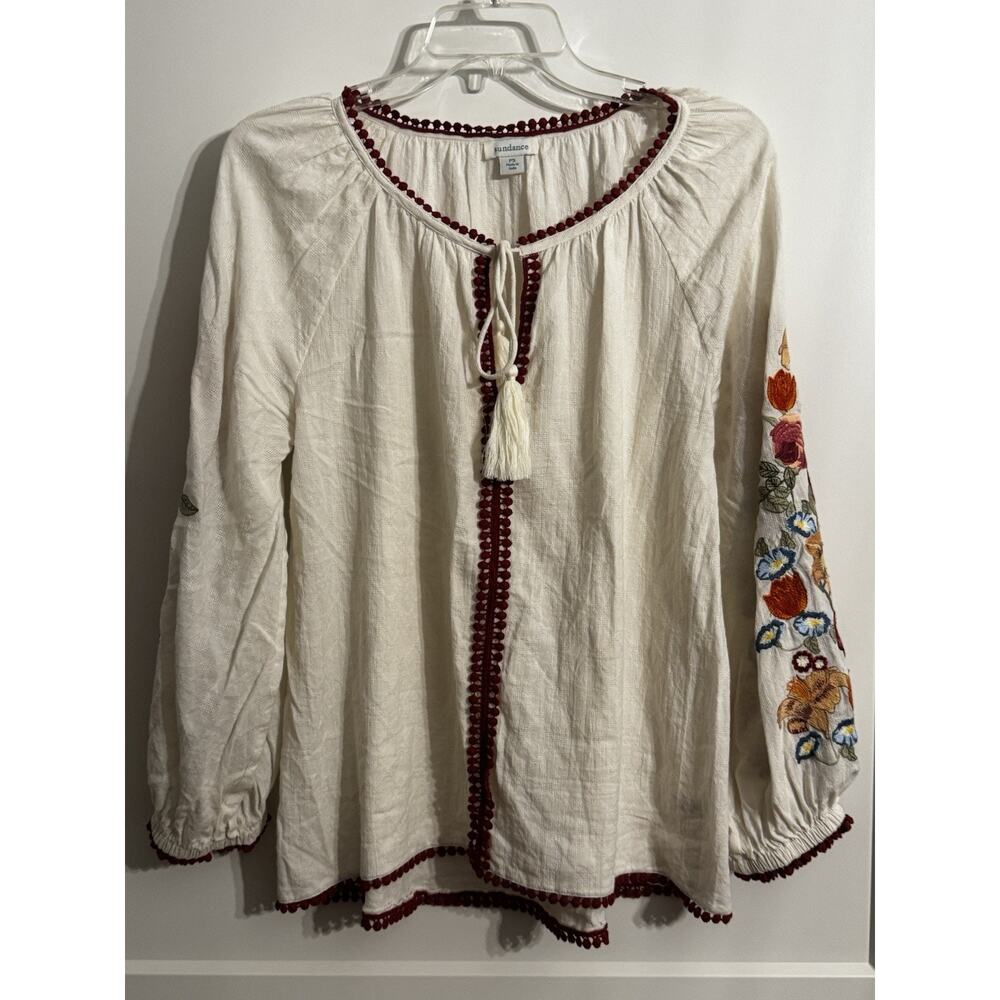 Sundance Sz PS Ivory Linen Embroidered Peasant Blouse Tassels Boho Cream - Picture 1 of 11